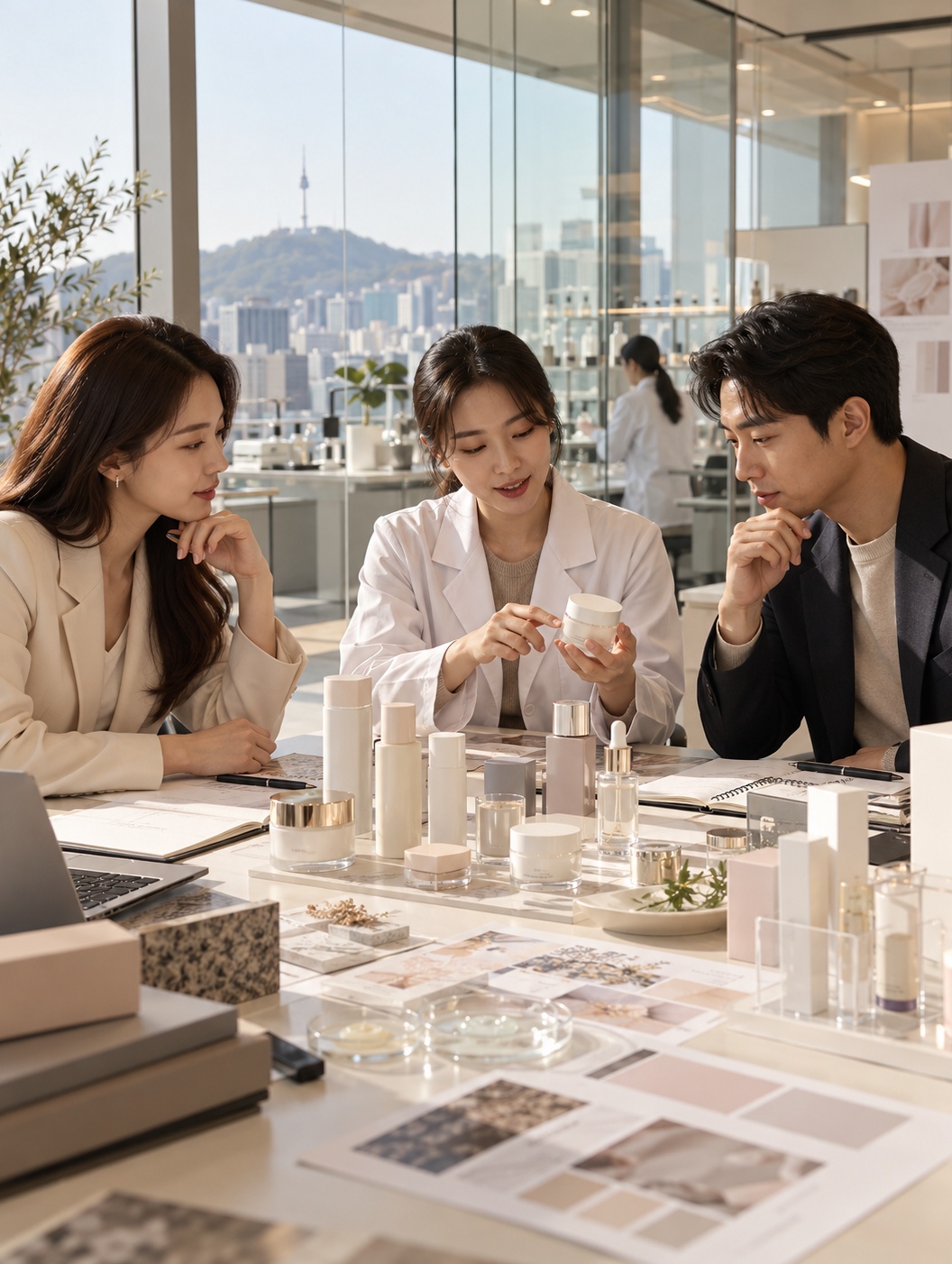 Equipo de desarrollo de producto en una empresa cosmética coreana