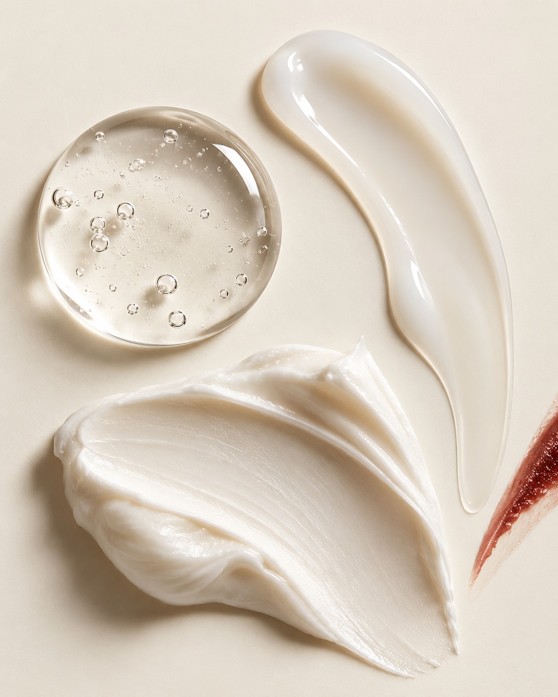 Texturas de gel transparente, emulsión lechosa y crema para comparar experiencias de uso